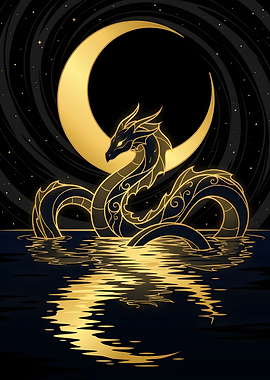 Golden Dragon Under Crescent Moon