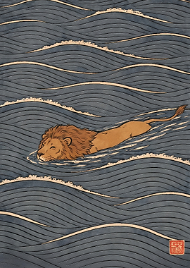 Lion Swimming in Ukiyo-e Style