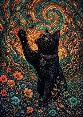 Black Cat Reaching for Butterfly
