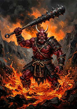 Red Oni Samurai Warrior in Lava