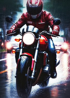 Motorcyclist Riding Through Heavy Rain