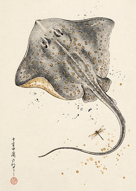 Stingray and Dragonfly Ink Illustration