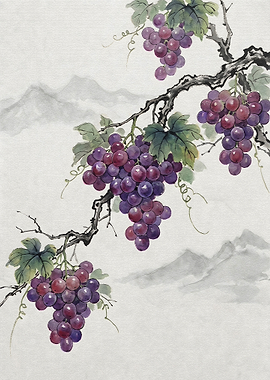 Traditional Chinese Ink Wash Grape Painting