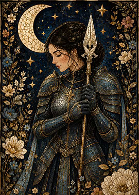 Female Medieval Stained Glass Warrior Maiden