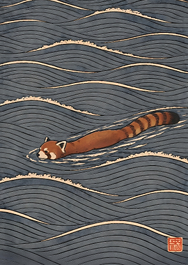 Red Panda Swimming in Ukiyo-e Style