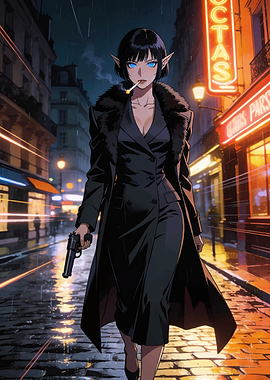 Elf Assassin in Rainy City Night