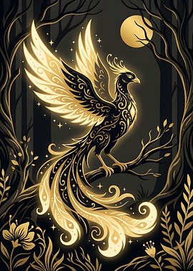 Glowing Golden Phoenix in Dark Forest