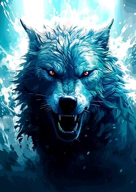 Fierce Blue Wolf with Glowing Eyes