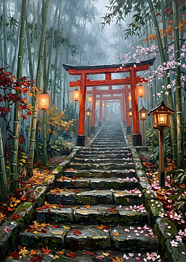 Torii Gate Bamboo Forest Path
