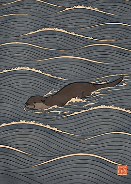 Otter Swimming in Ukiyo-e Style