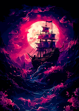 Sailing Ship Under Crimson Moon