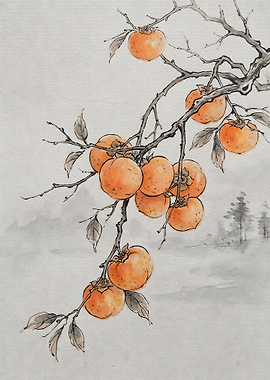 Traditional Ink Wash Persimmon Painting