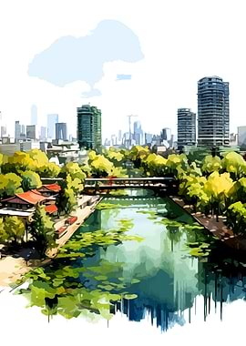 Urban Riverfront Park Cityscape