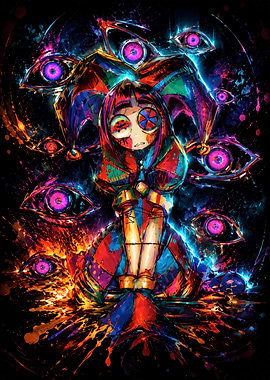 Surreal Jester Surrounded by Glowing Eyes
