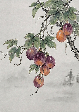 Traditional Chinese Ink Painting of Passionfruit