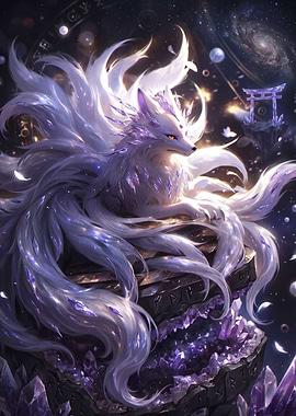 Celestial Nine-Tailed Fox on Crystals