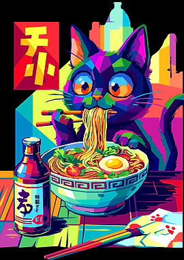 Pop Art Cat Eating Ramen