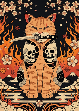 Samurai Cat with Katana and Skulls