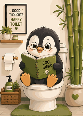 Cute Penguin Reading on Toilet