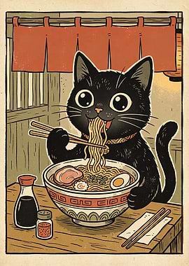 Cute Black Cat Eating Ramen