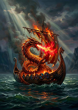 Dragon Breathing Fire on Viking Ship