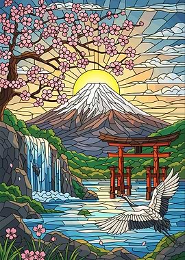 Stained Glass Mount Fuji Landscape