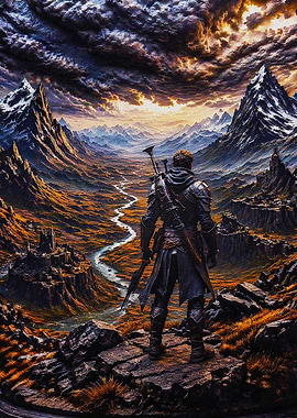 Warrior overlooking a fantasy valley