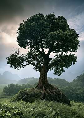 Solitary Tree on a Grassy Hill