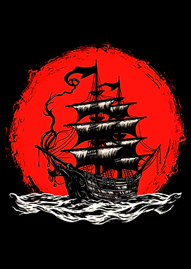 Ghost Ship Against Red Moon