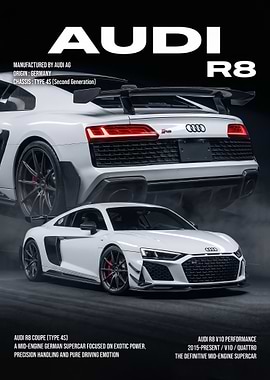 white sleek Audi R8 V10 sport care Poster
