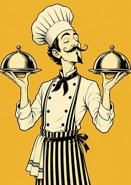 Vintage Style Chef Holding Serving Platters