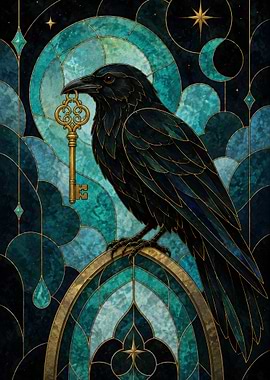 Stained Glass Raven with Golden Key