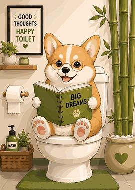 Cute Corgi Reading on Toilet