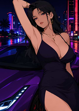 Anime Woman Posing With Purple Supercar