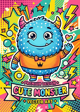 Cute Blue Monster Pop Art Illustration