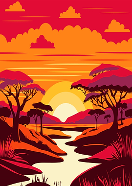 Vibrant African Savanna Sunset Landscape