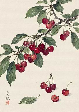 Traditional Ink Wash Painting of Cherries