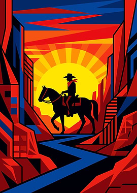 Geometric Cowboy Silhouette at Sunset