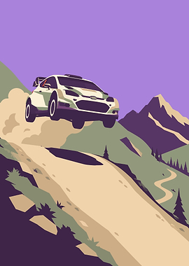 Rally Car Jumping Over Mountain Road