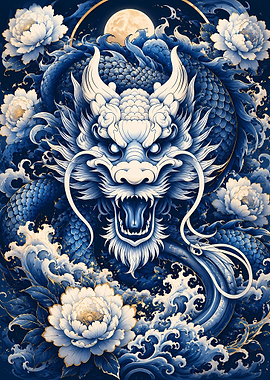 Majestic Blue Dragon and Peonies