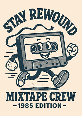 Stay Rewound Retro Cassette Tape Poster | Vintage 1980s Mixtape Wall Art