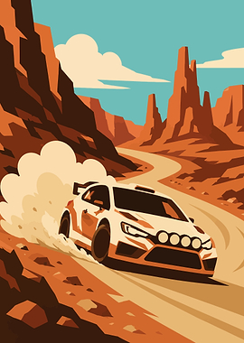 Rally Car Racing Through Desert Canyon
