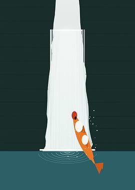 Koi Waterfall - Minimalist Japanese Leaping Fish