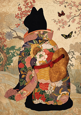 Silhouette Cat in Floral Kimono