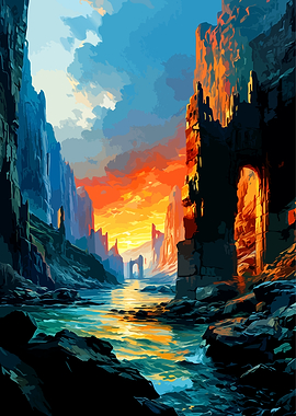 Fantasy Canyon River Sunset Landscape