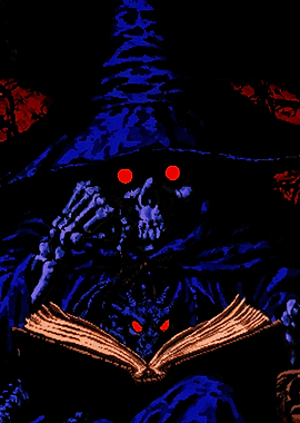 Skeleton Wizard Reading Dark Grimoire