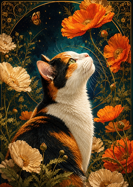 Calico Cat Among Poppies