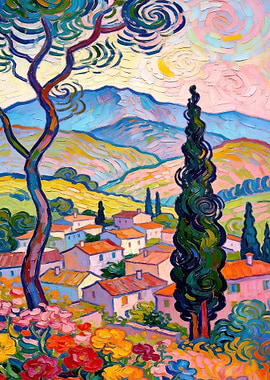 Post-Impressionist Village Landscape Painting