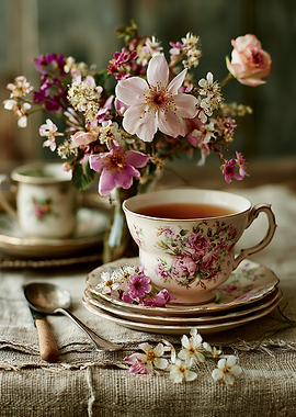 Vintage Floral Tea Set Still Life