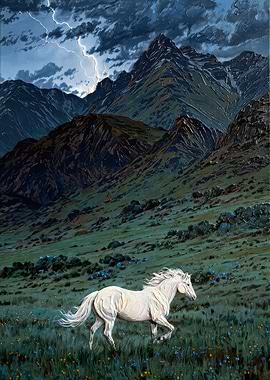 White Horse in Stormy Mountains